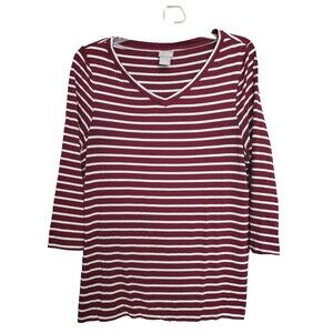 CHICO'S Jersey Knit Red Striped V-Neck 3/4 Sleeve Knit Top Size 1 Medium